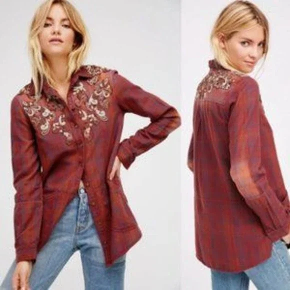 Free People Stevie's Embellished Flannel Plaid Shirt Sequin Sz L - Picture 1 of 4
